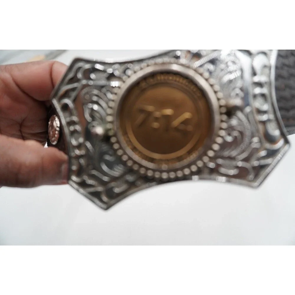 Western Men’s Leather Belt Sz M 34-36 Aztec Fabric Inlay & Silver Conchos Ranger